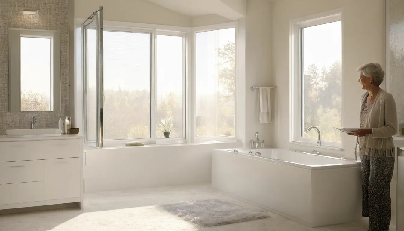 A smiling homeowner looking over a bright, modern walk-in tub in a Houston bathroom